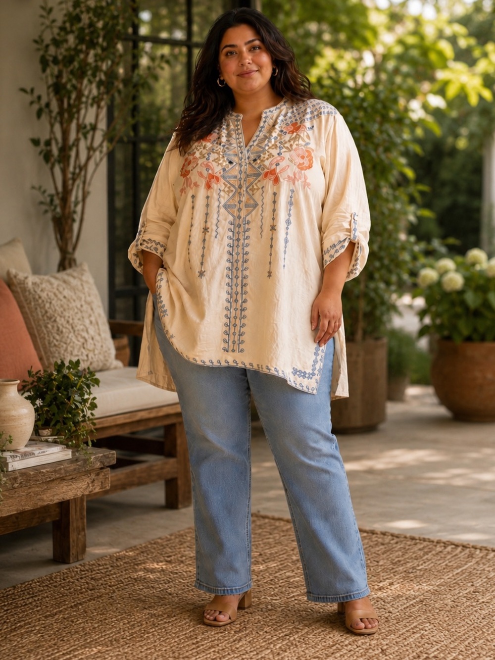 Cream Embroidered Boho Tunic Blouse with Blue & Coral Floral Motif